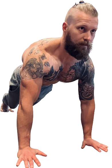 Cutout image of coach doing an almost plank on the floor